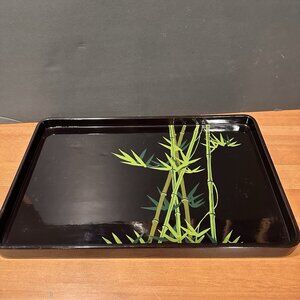 Vtg Black Lacquer Bamboo Tray Asian Decor Retro Bar Cart 1970s